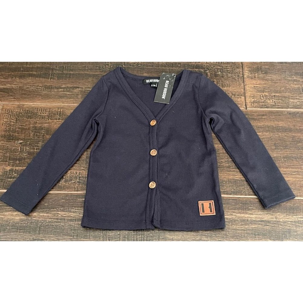 NWT Beau Hudson Baby Boy Navy Blue 6-9 6 9 Cardigan Ribbed Sweater Logo New
